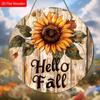 Hello Fall Sunflower Round Wooden Hanging Sign, Autumn Door Wall Decor