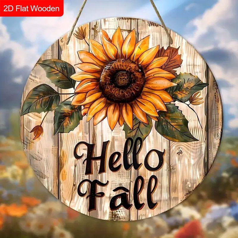 Hello Fall Sunflower Round Wooden Hanging Sign, Autumn Door Wall Decor