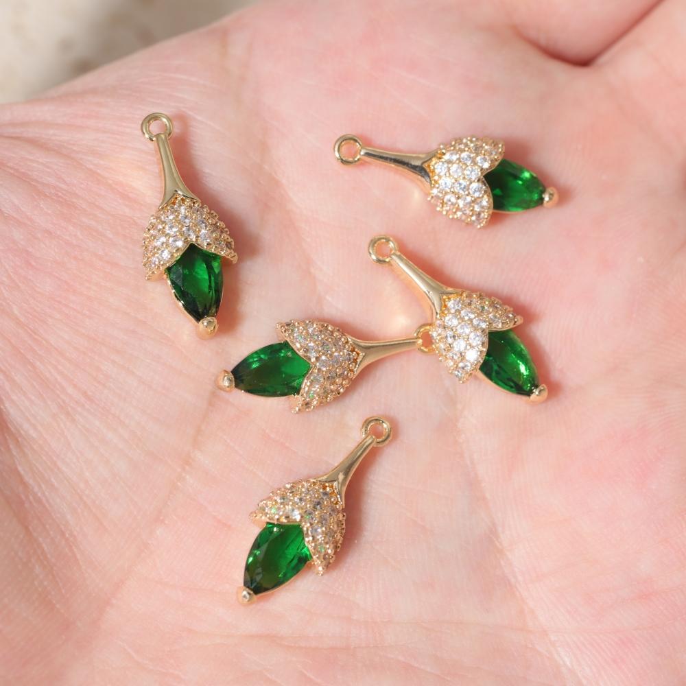 Copper Tulip Flower Charms with Green & Clear Zirconia, Golden Plated, 2pcs for DIY Jewelry Making