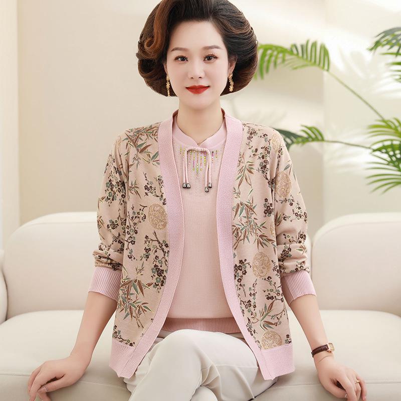 

2026 Spring Knit Cardigan Set for Moms: Stylish Two-Piece Jacket Top for Middle-Aged and Elderly Women L (80-100 lbs) рожевий