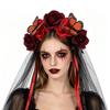Handmade Floral Headband With Rose Blooms Black Veil Wings Ribbon Halloween Party Festival Costume Accessory Women