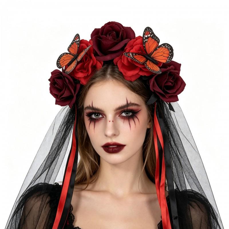 Handmade Floral Headband With Rose Blooms Black Veil Wings Ribbon Halloween Party Festival Costume Accessory Women