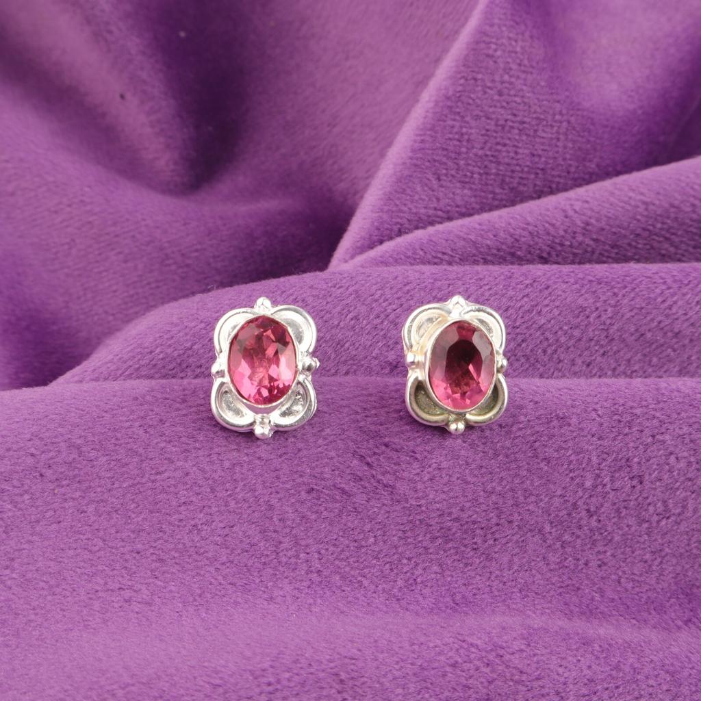 Heart Chakra Pink Tourmaline Gemstone 925 Sterling Silver New Stud Post Earrings EE-149-18