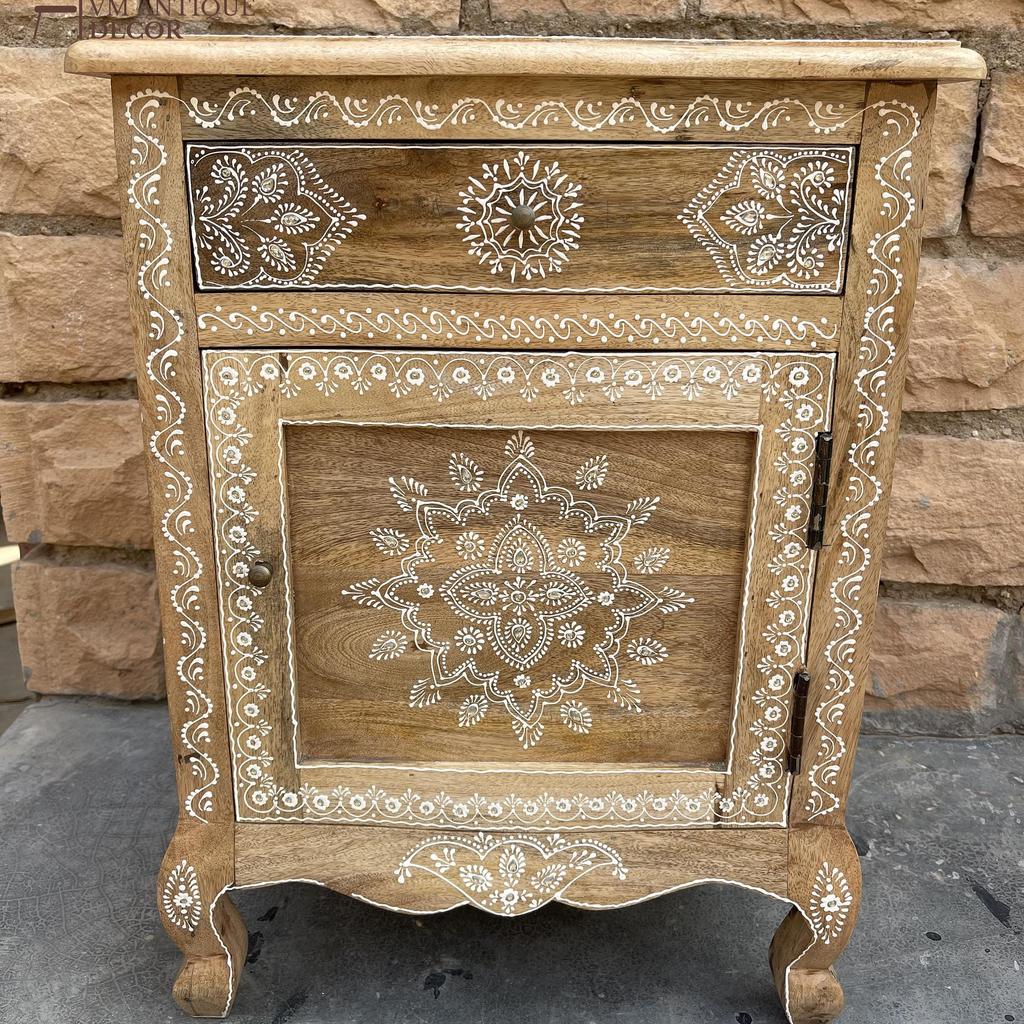 Wooden HandPainted Cabinet Drawer With Shelf, Wooden Bedside Drawer Desk,Indian Painted Nightstand Furniture Decor, Rajasthani Art Deco