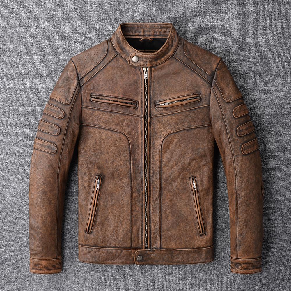 Vintage Yellow Brown Genuine Cowhide Leather Jacket Men Natural Cow Leather Jackets Soft Slim Fit Man Short Coat Autumn Clothing