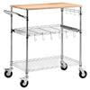 VEVOR Kitchen Utility Cart, 3 Tier Heavy Duty Adjustable Wire Storage Rack with Wood Tabletop and Handle Bar