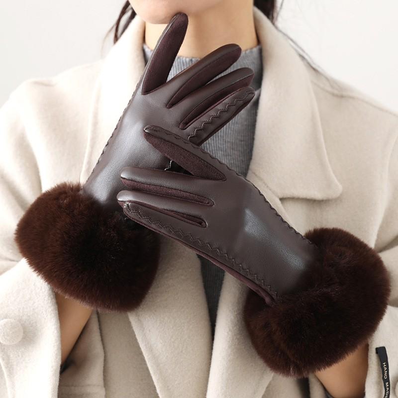 Womens PU Leather Warm Winter Gloves With Fleece Lining Touchscreen Compatible Windproof Riding