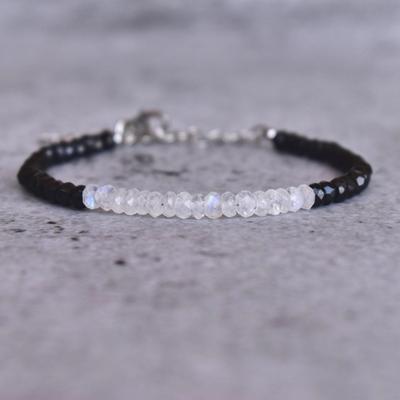 Moonstone & Onyx Bracelet Faceted Onyx and Moonstone Bracelet for Women Cocktail Yin and Yang Bracelet for Her Bridesmaid Gift Ideas
