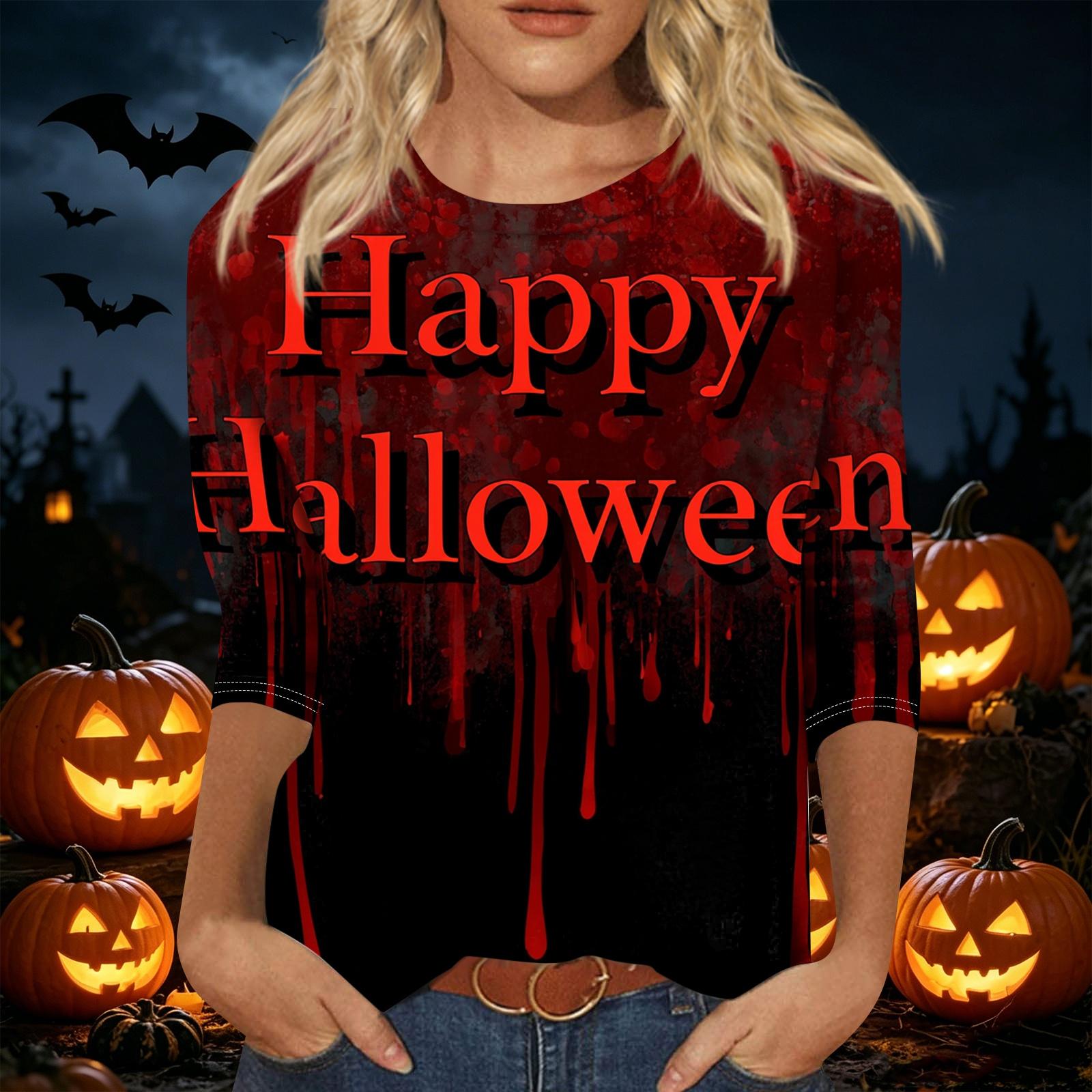 Women s Halloween Printed Three-Quarter Sleeve Round Neck Loose Fit Casual Shirt L