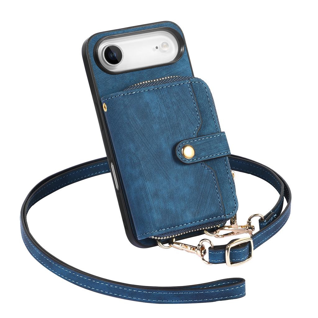 For iPhone Air PU Leather Phone Back Cover with Zipper Card Holder and Long Strap