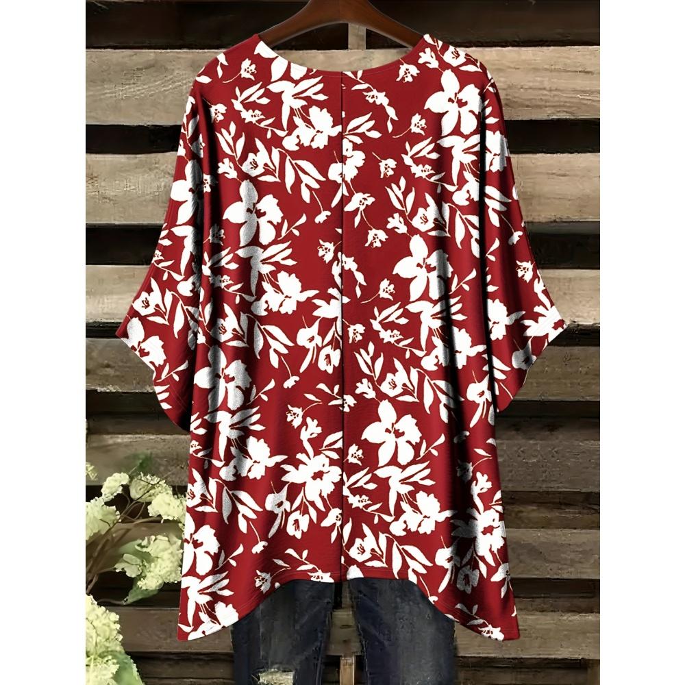 Bohemian Top for Women Elegant Colour Floral Graphics Design Round Neck Irregular Hem Women Casual Fashion Women Vacation Tops