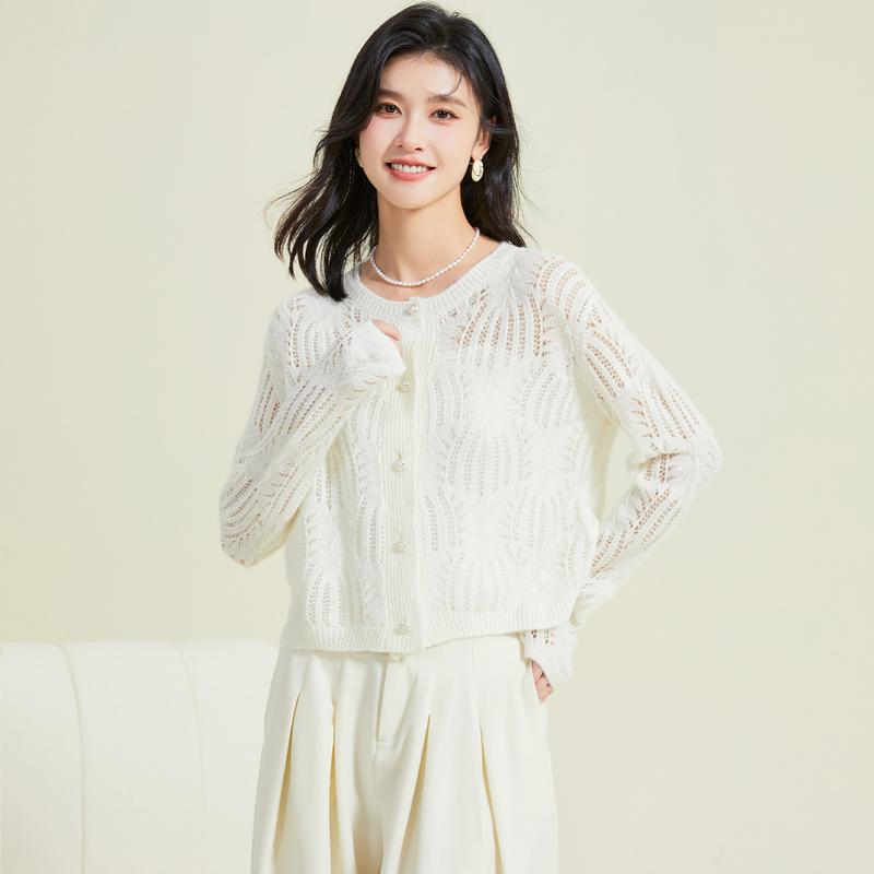 Spring Gentle and Lazy Style Solid Color Wool Sweater Hollowed Out Women's Coat