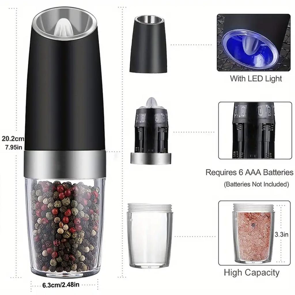 Gravity Electric Salt and Pepper Mill Tilt To Grind Automatically Battery Powered Coarseness Adjustable Upgraded Large Capac