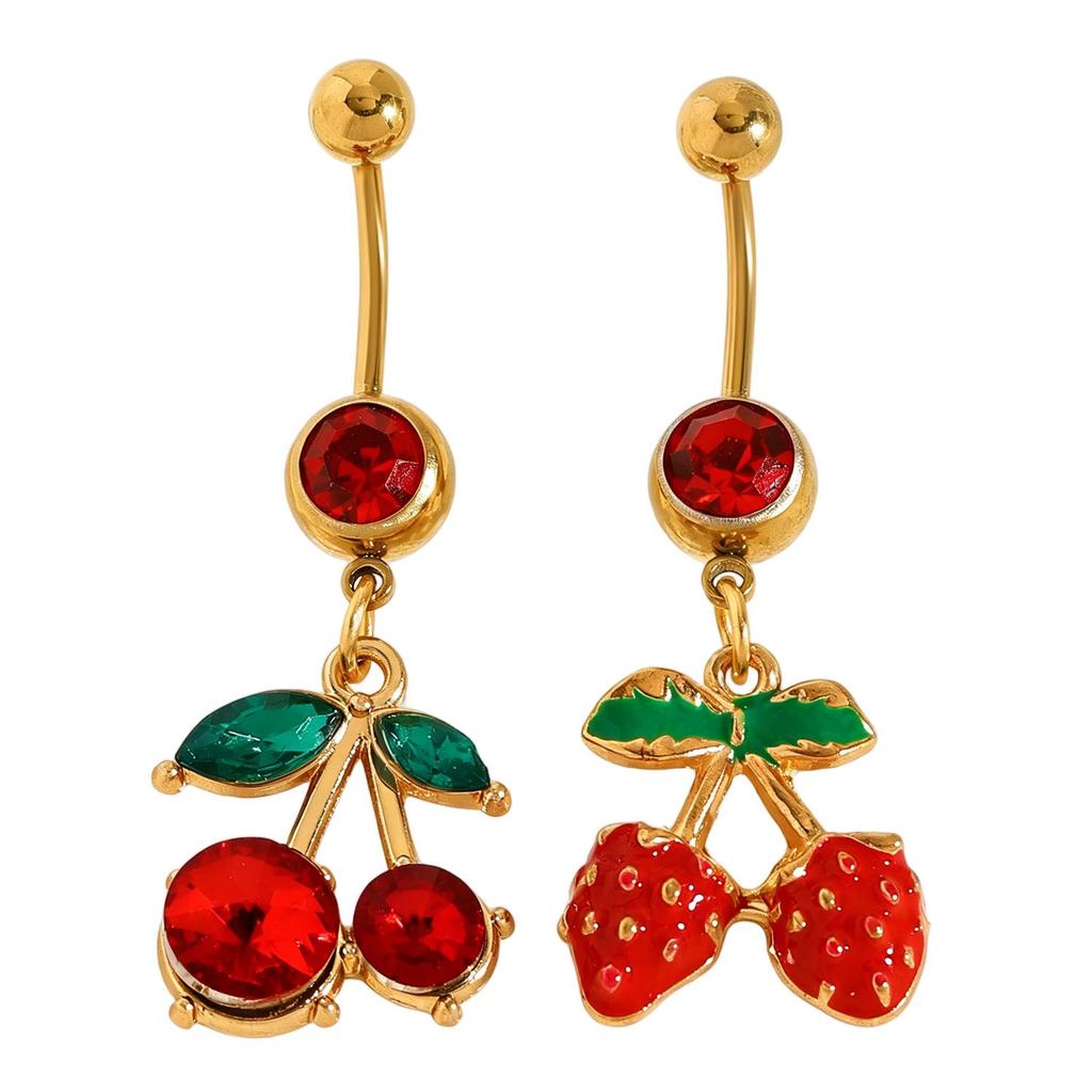 Charming Cherry Strawberry Drip Belly Button Ring: Colorful Red Diamond Fruit Pendant, Stainless Steel Navel Piercing Accessory.