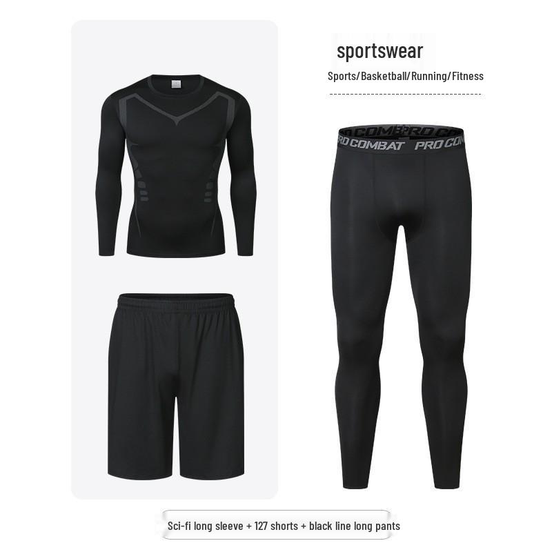 Men's Quick-Dry Sports Suit: Tight-Fitting Running & Basketball Three-Piece Set (Breathable Long Sleeve Top & Pants)