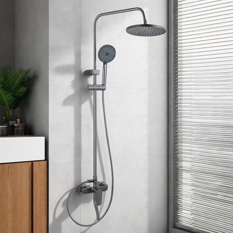 Gunmetal Grey Wall-Mounted Brass Shower Faucet Set