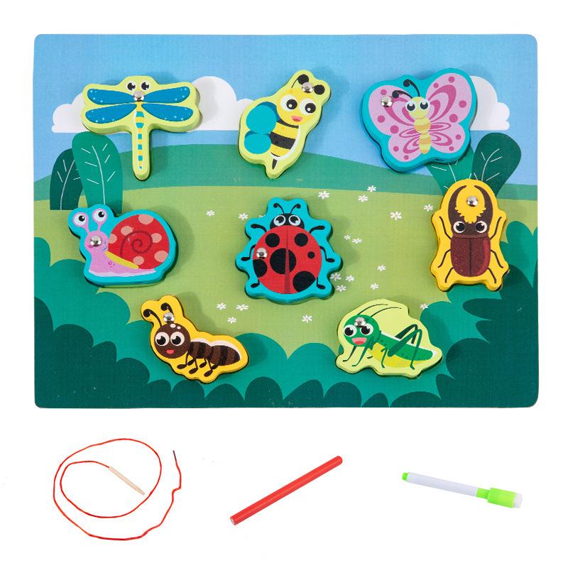 Children's Double-Sided Wooden Activity Board: Matching, Stringing, Drawing, Beading, and Fishing Educational Toy