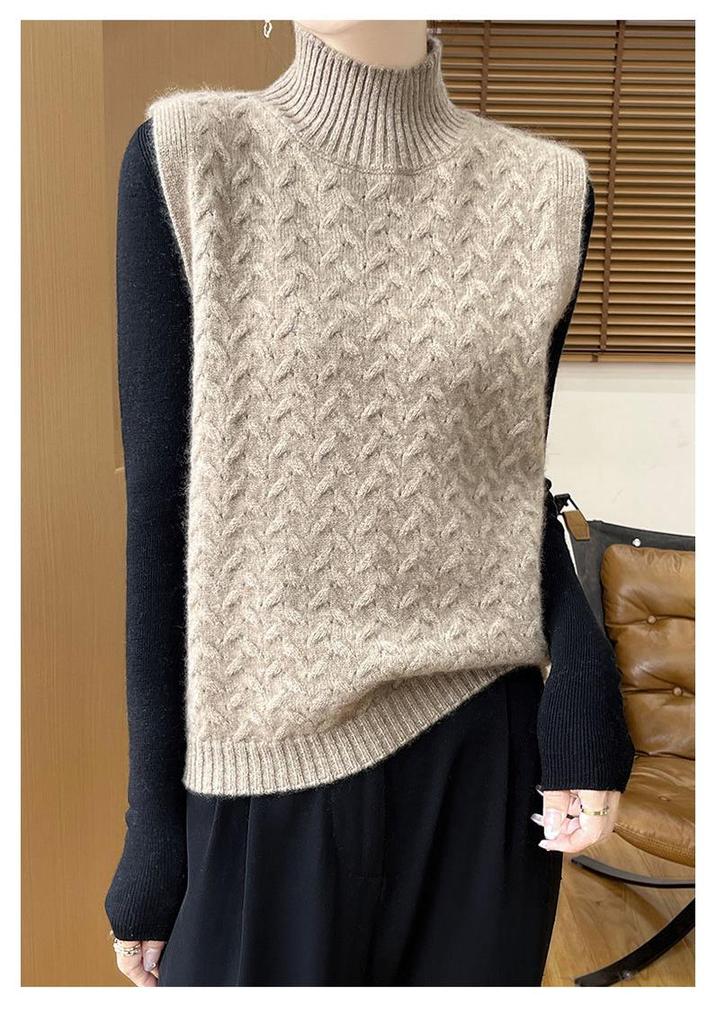 2025 Women's Wool Cable Knit Half-High Collar Sleeveless Sweater Vest