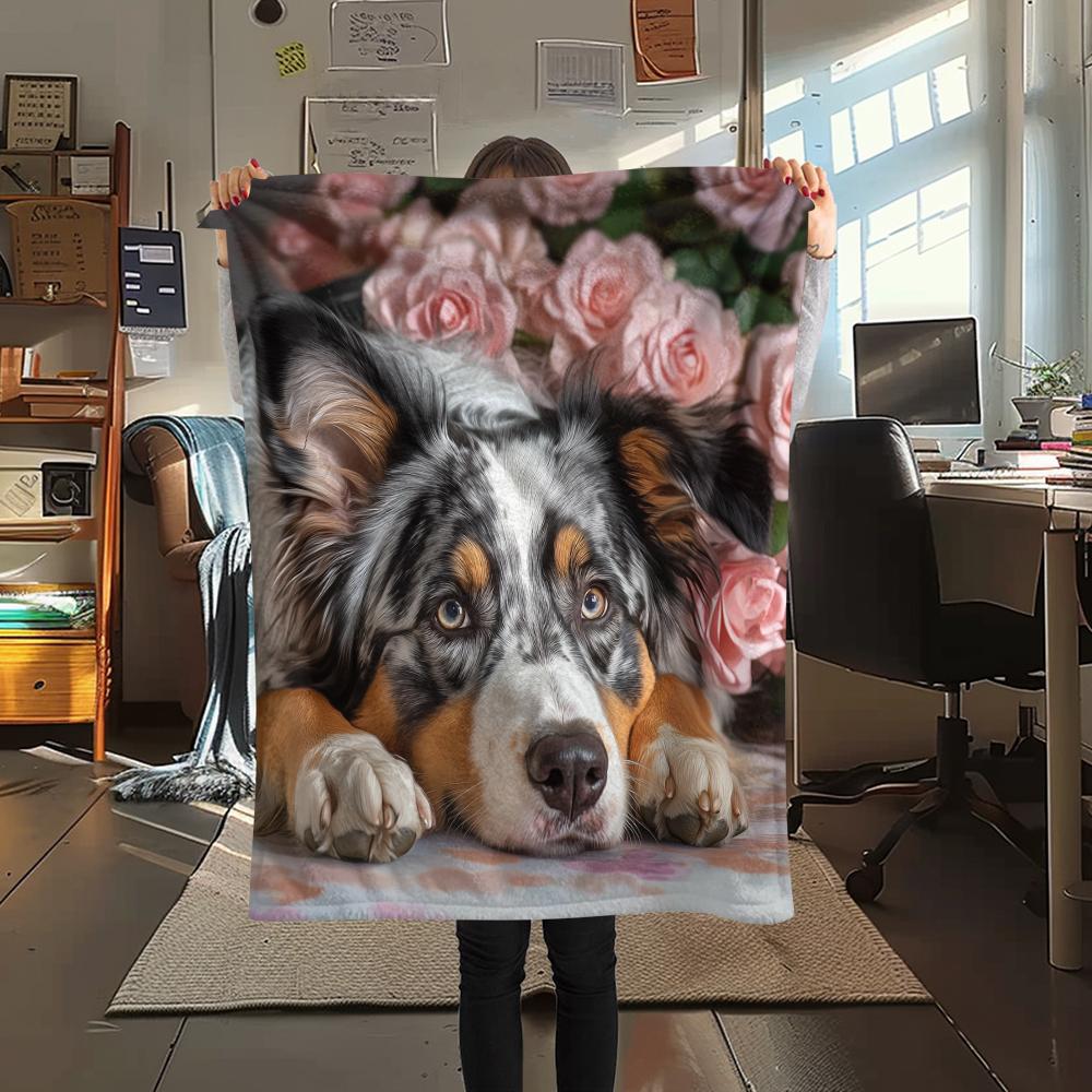 Australian Shepherd and Roses,pattern Flannel Blanket, High quality Comfortable for All Seasons, Home Decor, Warmth and Comfort, Perfect for Gifts.