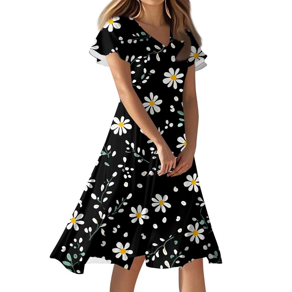 Women's Casual Fashion Flower Print Dress V Neck Short Sleeve Short Skirt