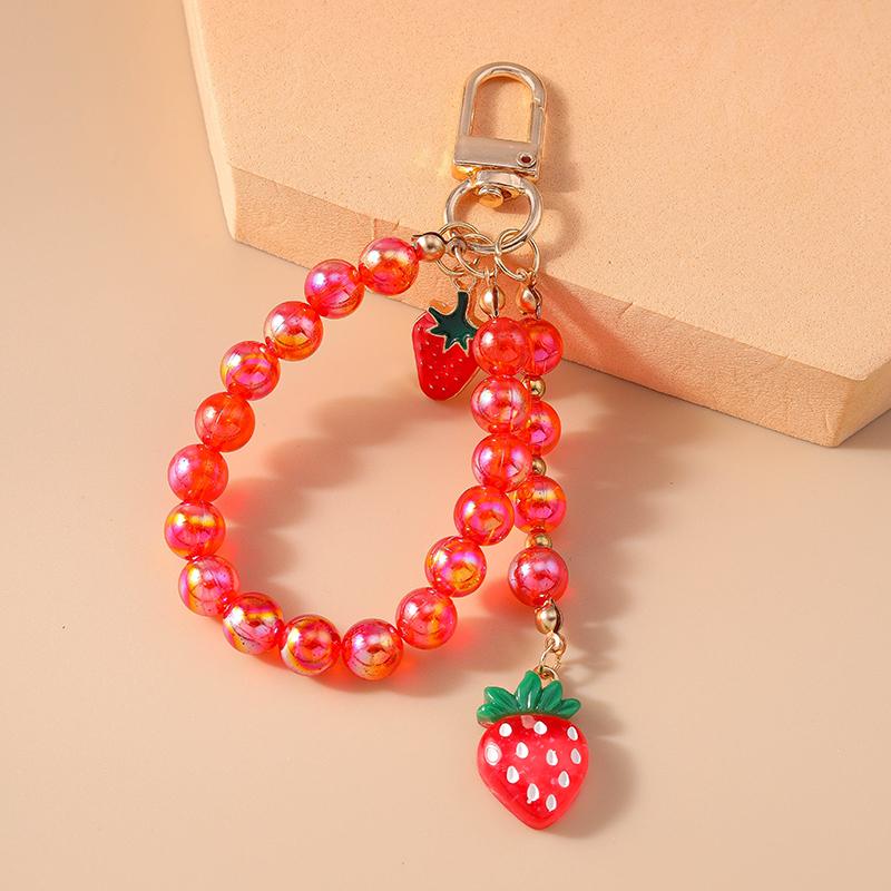 Pretty Beaded Bracelet Key Chain Strawberry Flower Key Ring for Women Girls Handbag Pendant DIY Kid's Jewelry Gifts