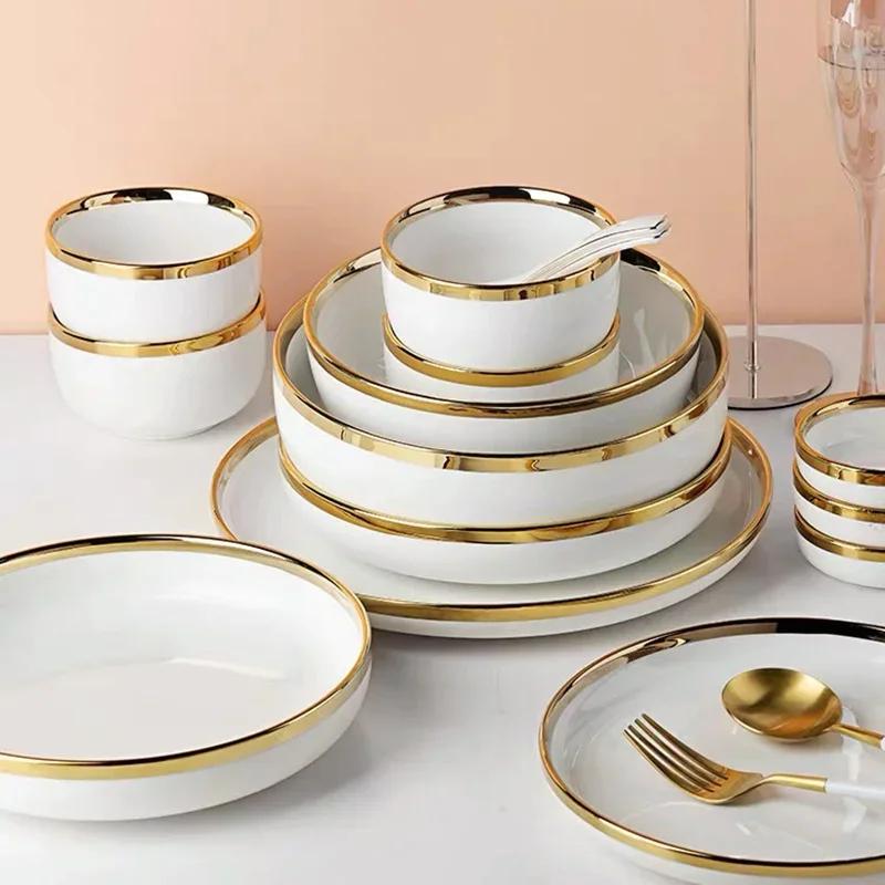 Gilt Rim White Porcelain Dinner Tray Food Dishes Rice Salad Noodles Bowl Ceramic Plates Bowls Kitchen Plates Ceramic Tableware