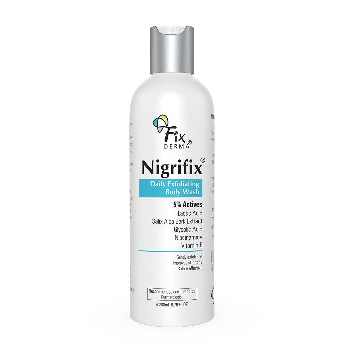 Fixderma Nigrifix Отшелушивающий гель для душа с 5% активных ингредиентов (Молочная кислота, Гликолевая кислота, Ниацинамид и Витамин E) | Мягкий отшелушивающий гель для душа | Я