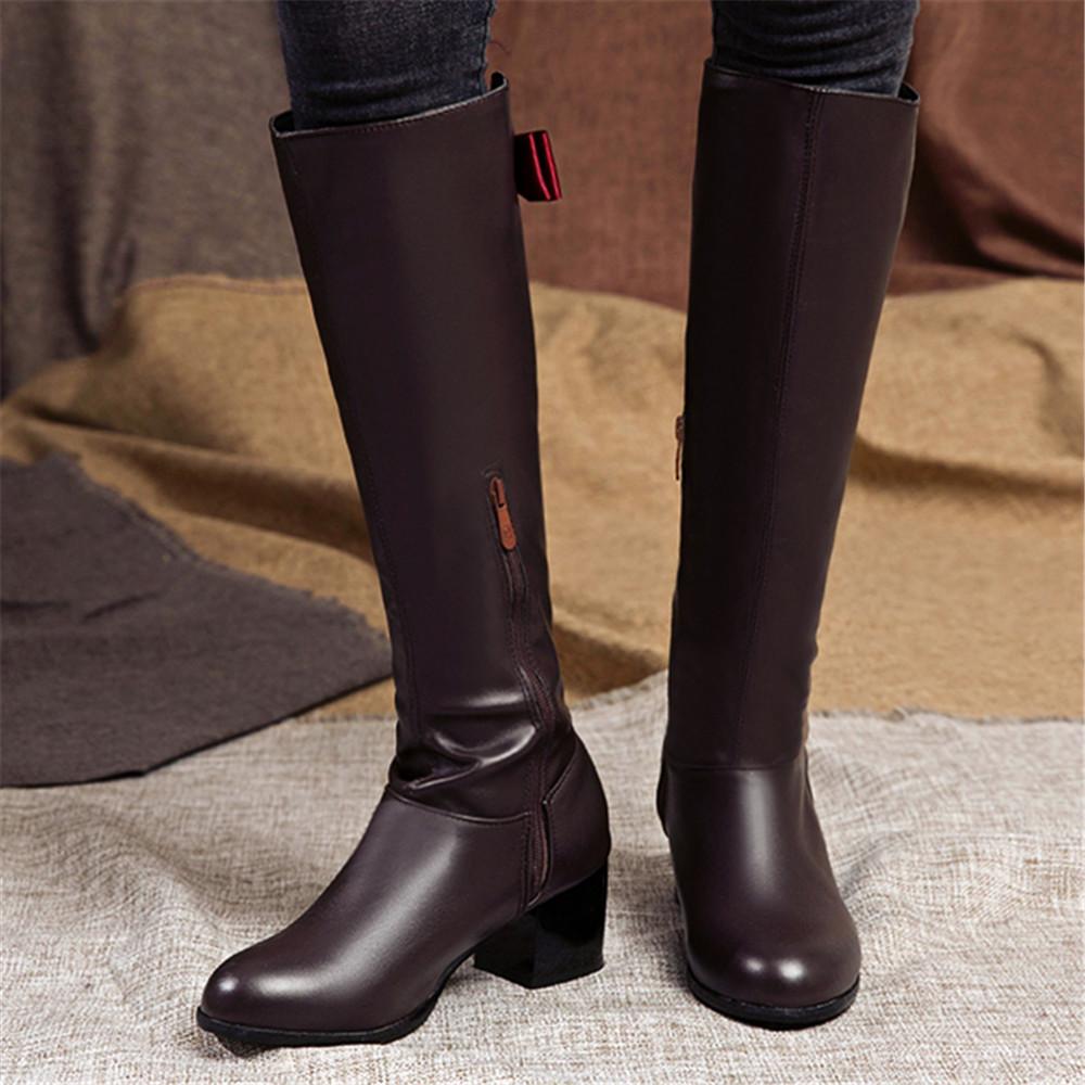 Fashion Autumn Winter Warm Over The Knee Boots Women Fashion Side Zipper High Heels Bow Ladies Soft PU Leather Long Botas Mujer Brown