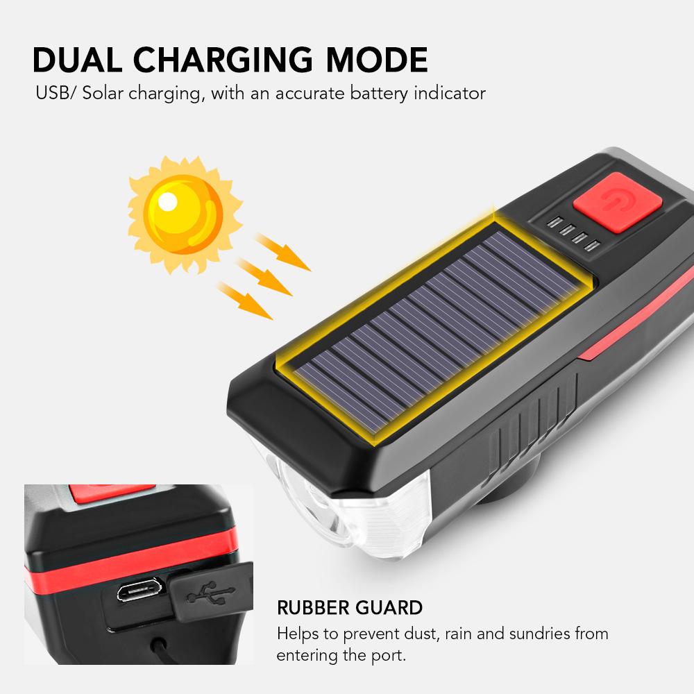 Solar-charged / USB Charging Bike Light Waterproof with 3 Lighting Modes 5 Sounds Fits Mountain Road Bike