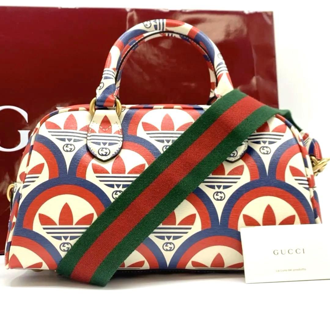GUCCI ADIDAS Collaboration Double Branded Multi Color 2Way Duffle Bag Sherry Line Mini Boston Shoulder Bag Leather