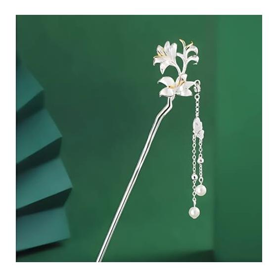 Miaomyao Hairpin Kanzashi for Japanese Traditional Wear (Kimono, Yukata, Hakama), Antique Casablanca Lily Flower Hair Accessory with Pearls, Silver