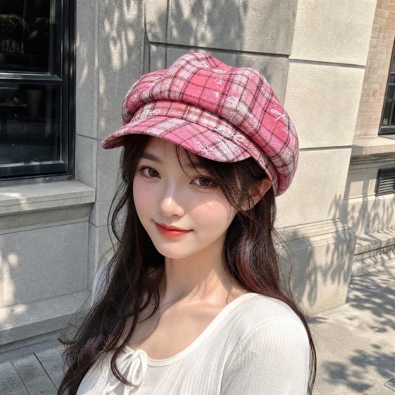 Korean Style Bow Embroidered Newsboy Cap For Women Sweet Autumn Winter Octagonal Hat