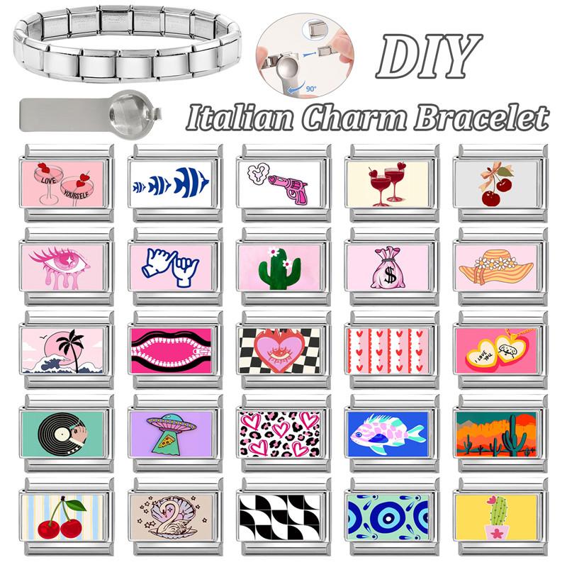 New Fashion Cactus Heart Eye Cherry Cup Fish Shell Italian Charm Links Fit 9MM Stainless Steel Bracelet Girls' DIY Making Gifts