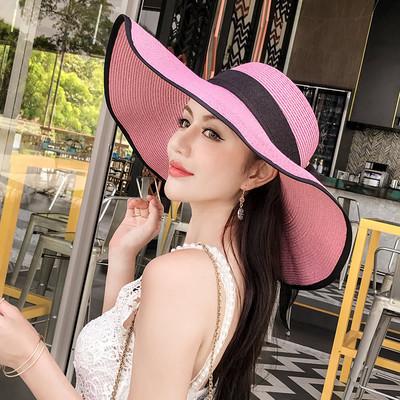 Straw hat women's summer sun protection extra large brim sun hat beach seaside vacation sun hat foldable hat tide