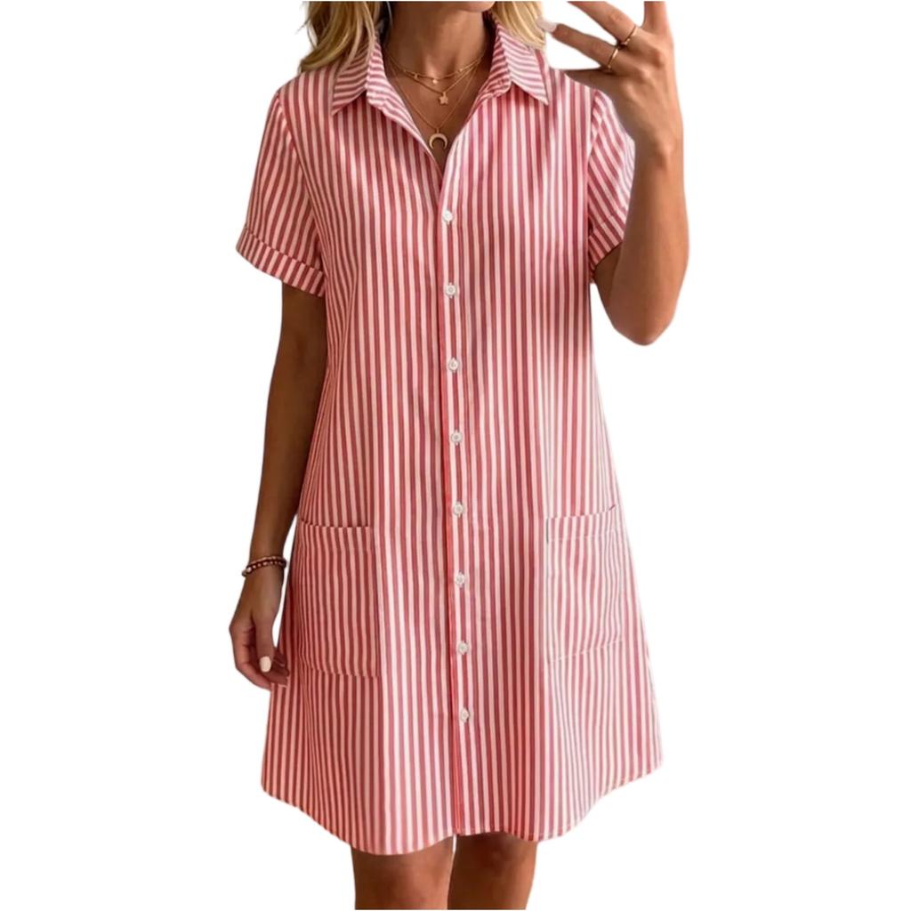 Women's Loose Fit Plus Size Striped Short Sleeve Shirt Dress Casual Mid Length Button Down Summer Dress with Pockets