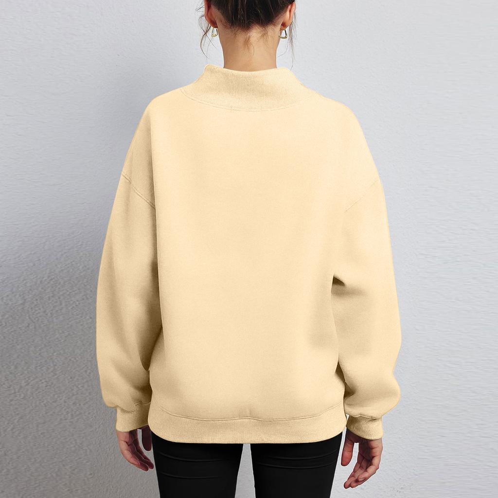 Ladies' Fashionable Loose High Neck Long Sleeved Solid Color Hoodie Top Pullover