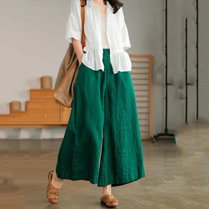 

Summer Fashion Wide Leg Pants Women Solid Color Casual Loose Breathable Slim High Waist Straight Nine Point Trousers 4XL зелений