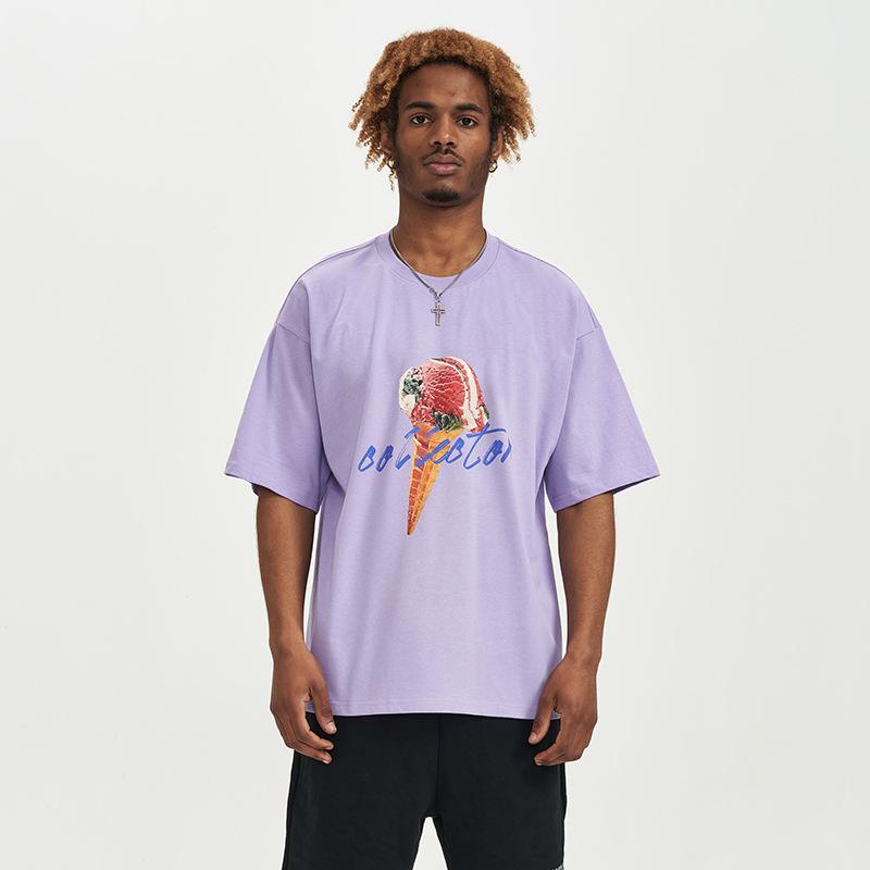 New Summer Pure Cotton Round Neck Men's Cartoon Ice Cream Harajuku Short-sleeved T-shirt Chinese Style Loose