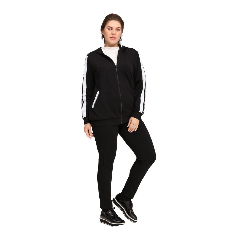 Fierte Women's Large Size Jacket Lm45011 Zipper Closure Seasonal Hood Stripe Detail Double Pocket Long Sleeve Sports Tracksuit Top Anthracite Black