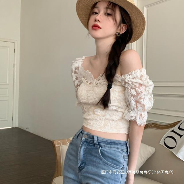 French Style Off Shoulder Lace Short Sleeve Shirt For Women With 3d Embroidery And Slim Fit