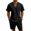 Men's Linen V-Neck Short Sleeve T-Shirt and Shorts Set - Solid Color Beach Casual Wear