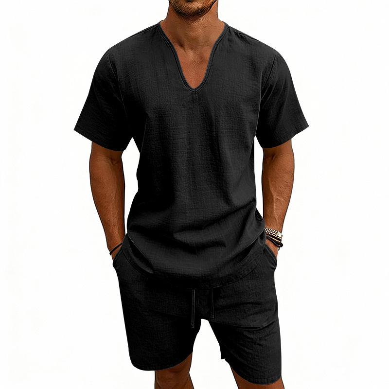 Men's Linen V-Neck Short Sleeve T-Shirt and Shorts Set - Solid Color Beach Casual Wear