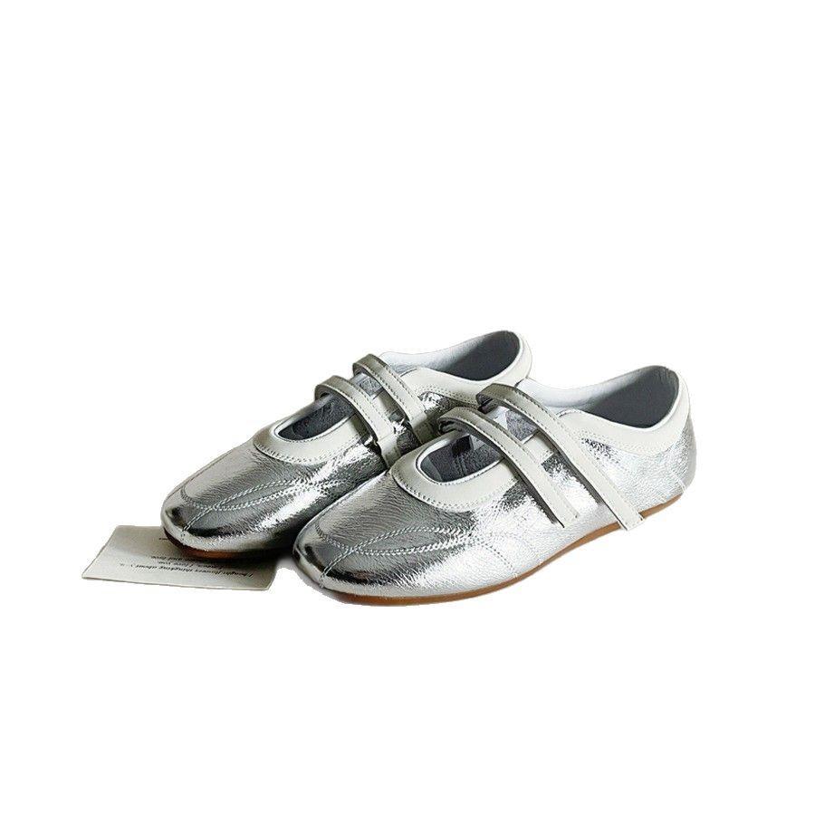 Sheepskin version~ Leather Velcro Sports Mary Jane Shoes Versatile Round Head Casual Shoes Women's Flat Ballet Training Shoes