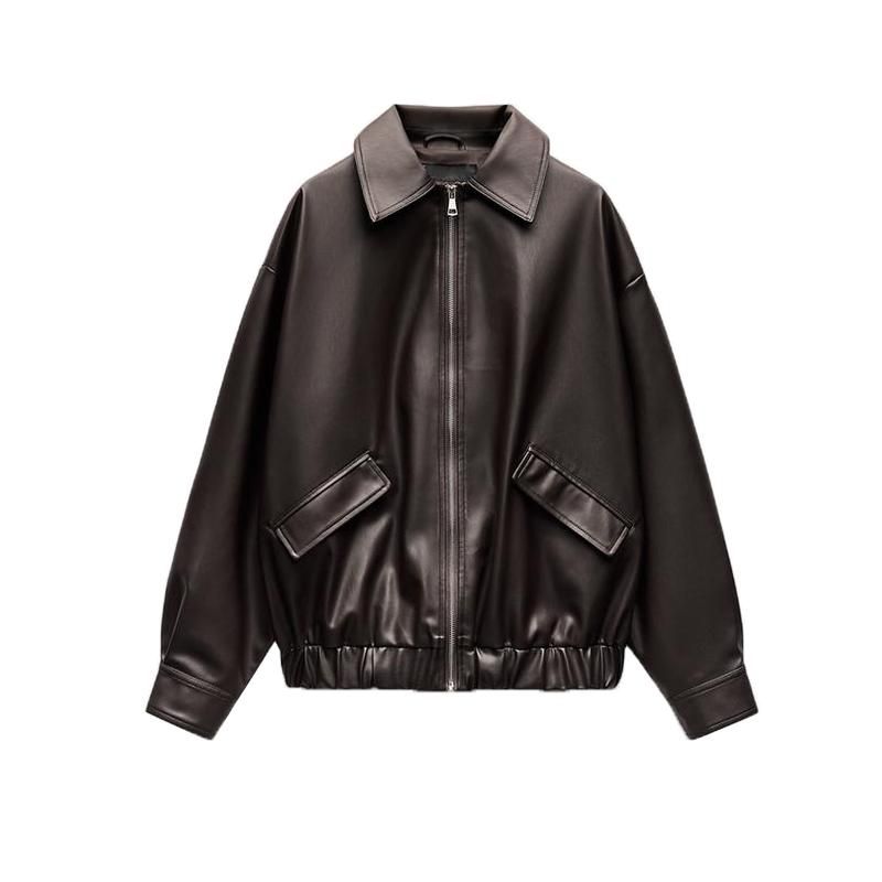 Spring New Arrival Women's Clothing Loose Artificial Leather Poly Urethane Leather Jacket Outwear 3046540 3046376