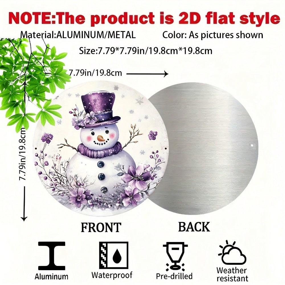 Vintage Purple Snowman Floral Round Metal Tin Sign Wall Art 8 Inch Christmas Home Decor Gift 20x20