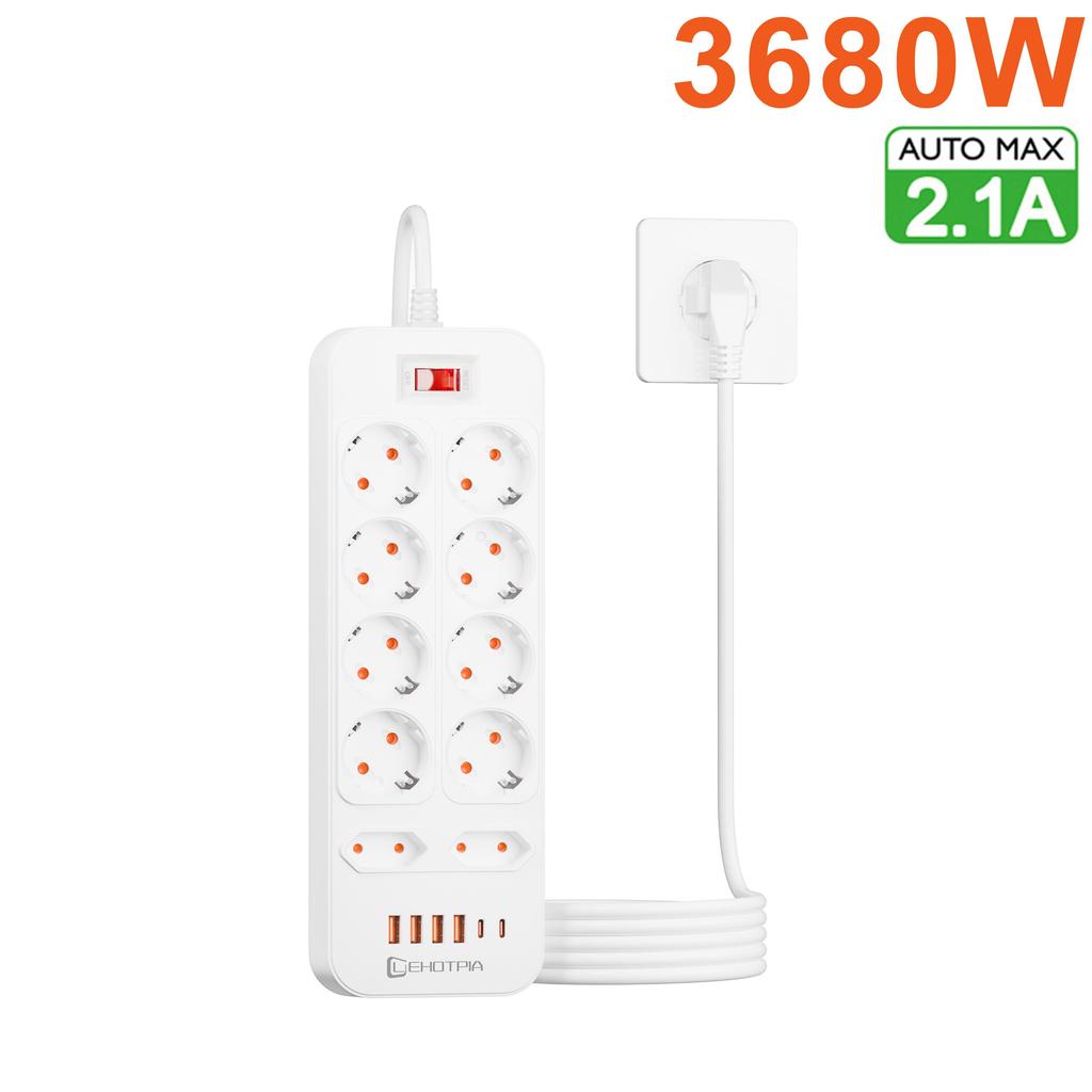 3680W EU zástrčka 10 AC zásuviek rozvodka 1,8m predlžovací kábel európska štandardná zástrčka zásuvka sieťový filter s USB C portami nabíjanie