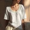 Women Vintage Short Sleeve Linen Cotton Blouse U Neck Lace Trim Casual Loose Fit Summer Top