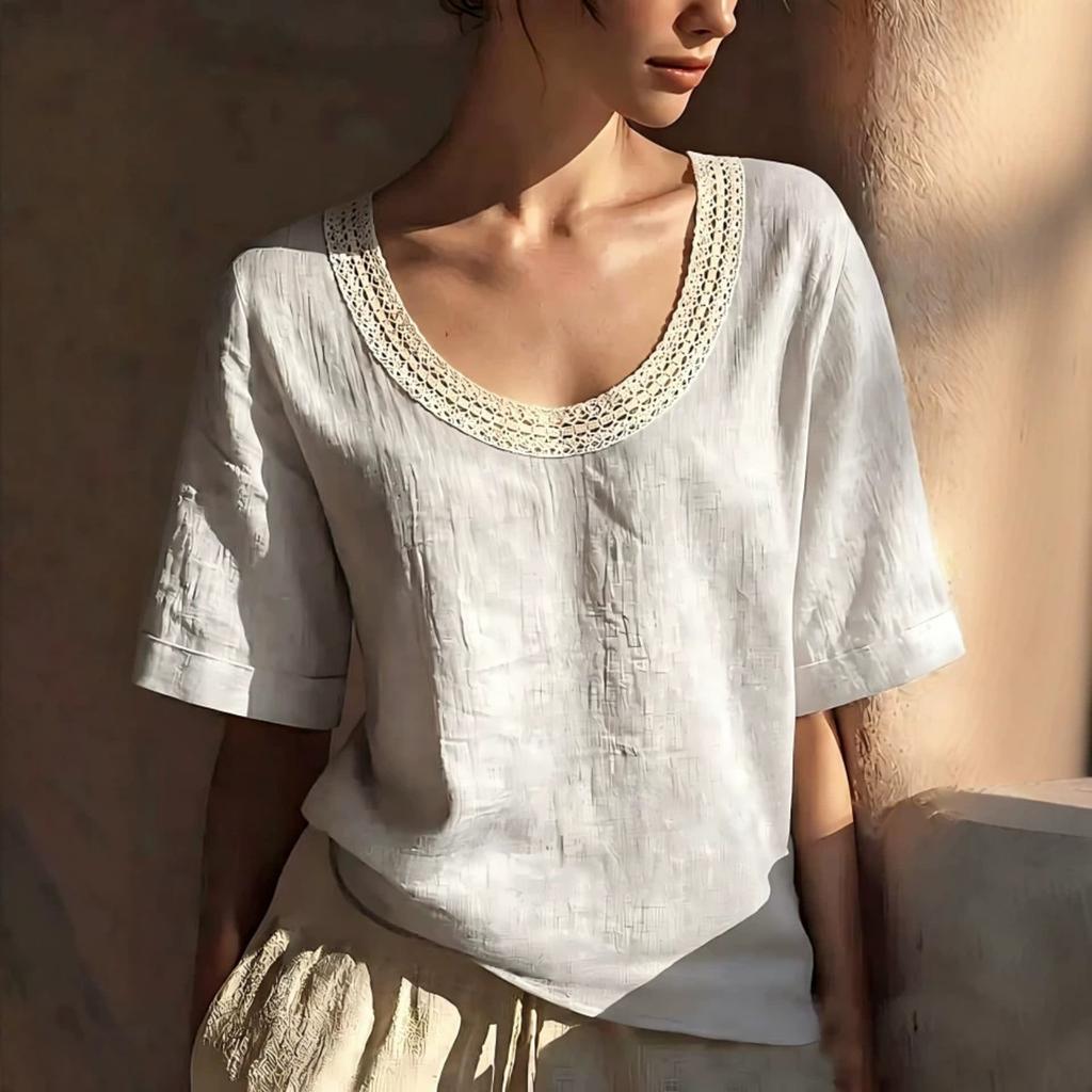 Women Vintage Short Sleeve Linen Cotton Blouse U Neck Lace Trim Casual Loose Fit Summer Top