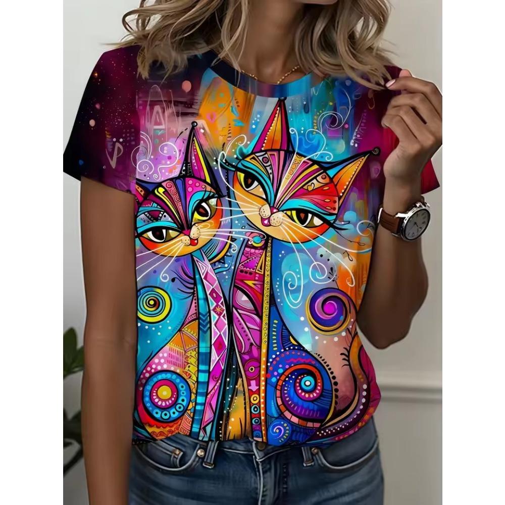 Summer Women's Casual Simple Short Sleeved Top Women's Personalized Fashion Multi Color Art 3D Printed T-shirt Top