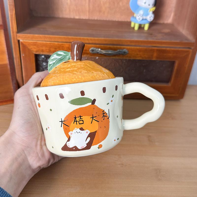 Cute Orange Cat Mug with Lid Creative Good Luck Cup Girls Home Coffee Cup Chinese New Year Gift